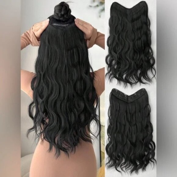 U Shaped Black Wavy One Piece Thick Clip in Hair Extension Piece 22 In long - Picture 1 of 4